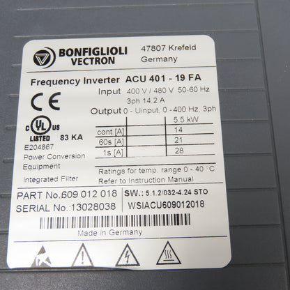 Bonfiglioli 609 12 018 ACU401-19FA 400/480V Frequency Inverter 0-400Hz