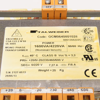 Italweber OMC0640801028 0-600V Primary 0/220V Sec. 1400VA 1Ph Transformer