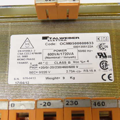 Italweber OCM0500600633 0-600V Primary 0/220V Sec. 600VA 1Ph Transformer