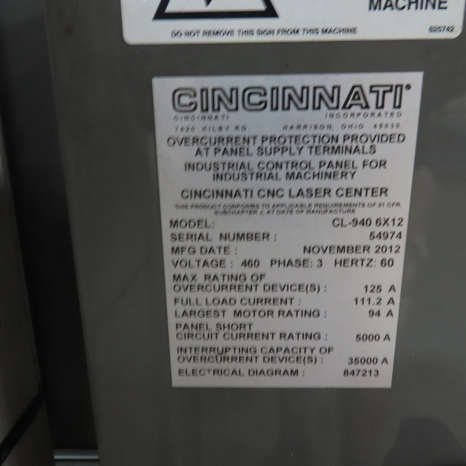 Cincinnati CL-940 CNC Fiber Laser Cutter 6' x 12' Table 460V 3Ph 4000Watt 2012