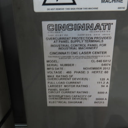 Cincinnati CL-940 CNC Fiber Laser Cutter 6' x 12' Table 460V 3Ph 4000Watt 2012