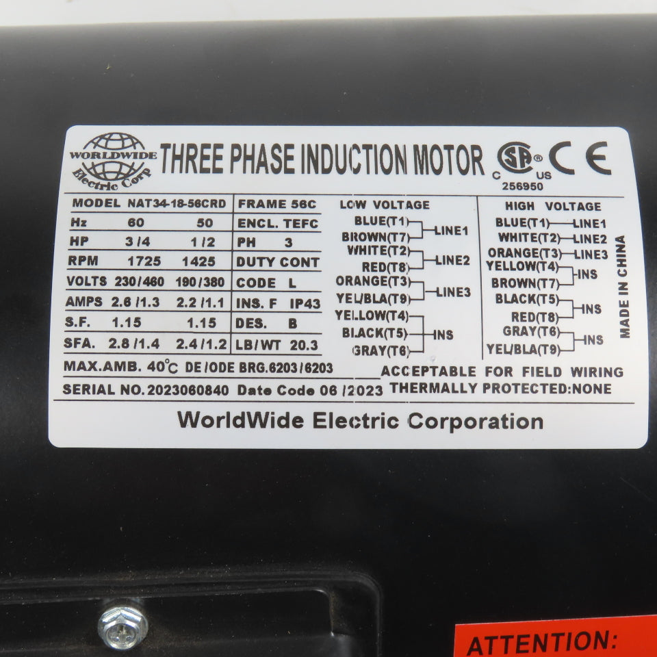 Worldwide NAT34-18-56CRD 3/4HP AC Electric Motor 230/460V 3PH 1725RPM 56C Fr NEW