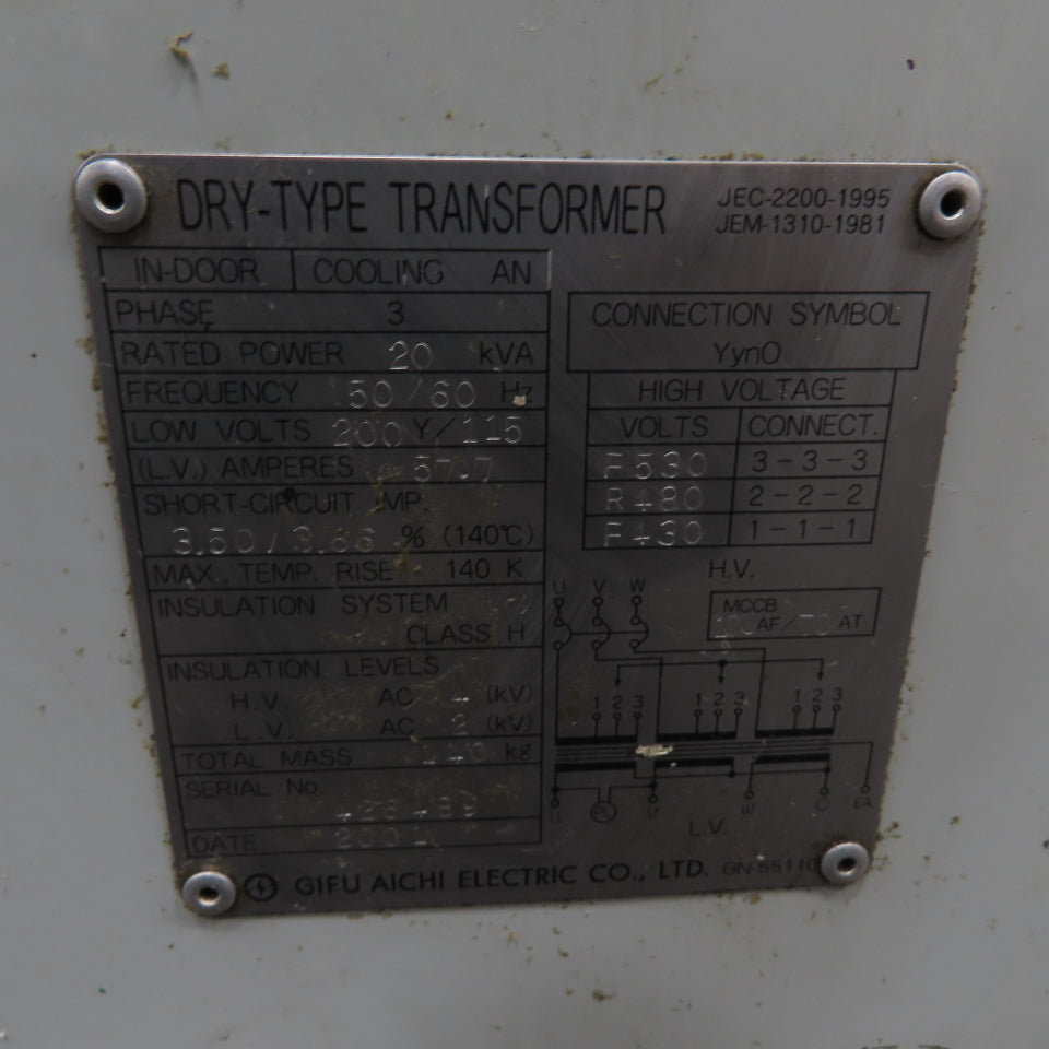 Gifu Aichi 20kVA Dry-Type Transformer 430/480/530V Pri 200Y/115V Sec 3Ph Tested