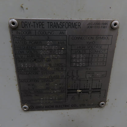 Gifu Aichi 20kVA Dry-Type Transformer 430/480/530V Pri 200Y/115V Sec 3Ph Tested