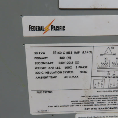 Fedral Pacific T43T30E 30kVA Transformer 480V pri 240/120V Sec 3Ph 60Hz Tested