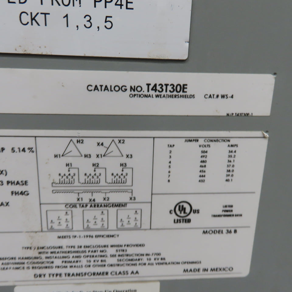 Fedral Pacific T43T30E 30kVA Transformer 480V pri 240/120V Sec 3Ph 60Hz Tested