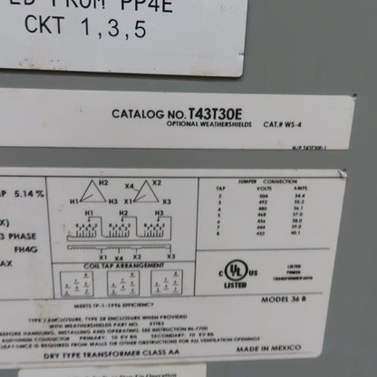 Fedral Pacific T43T30E 30kVA Transformer 480V pri 240/120V Sec 3Ph 60Hz Tested