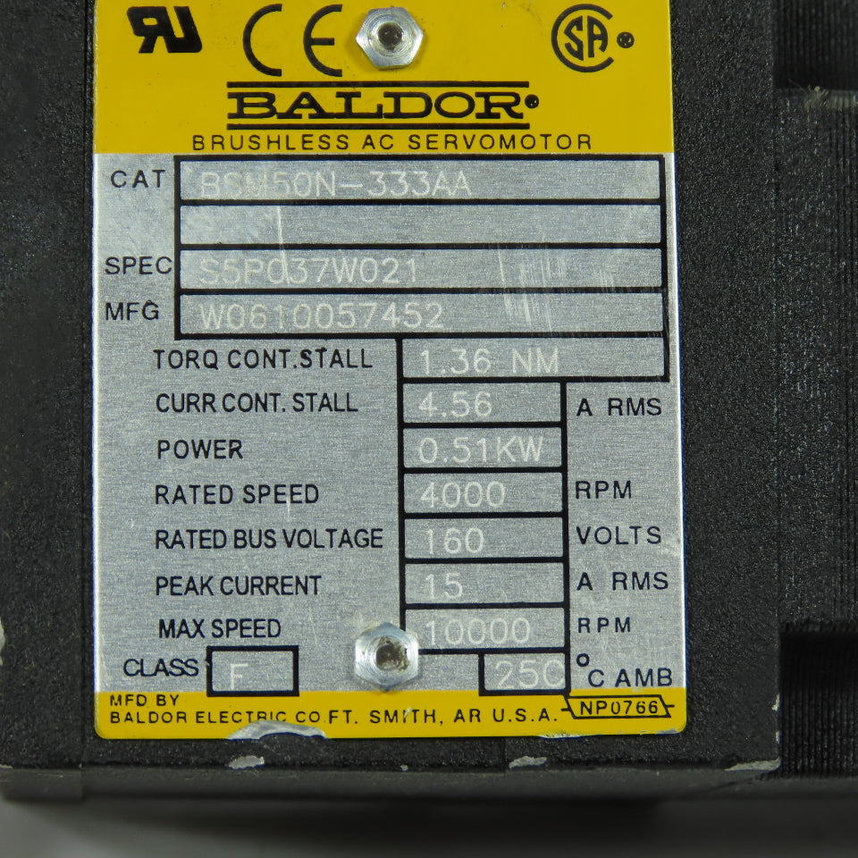 Baldor S5P037W021 BSM50N-333AA Brushless AC Servomotor 0.51KW 4000 RPM 160V