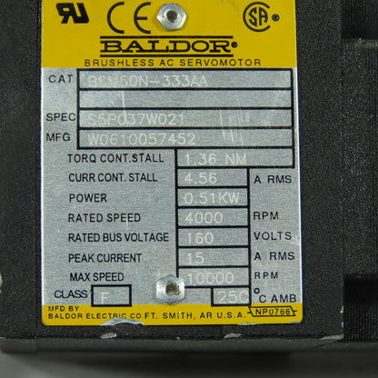 Baldor S5P037W021 BSM50N-333AA Brushless AC Servomotor 0.51KW 4000 RPM 160V