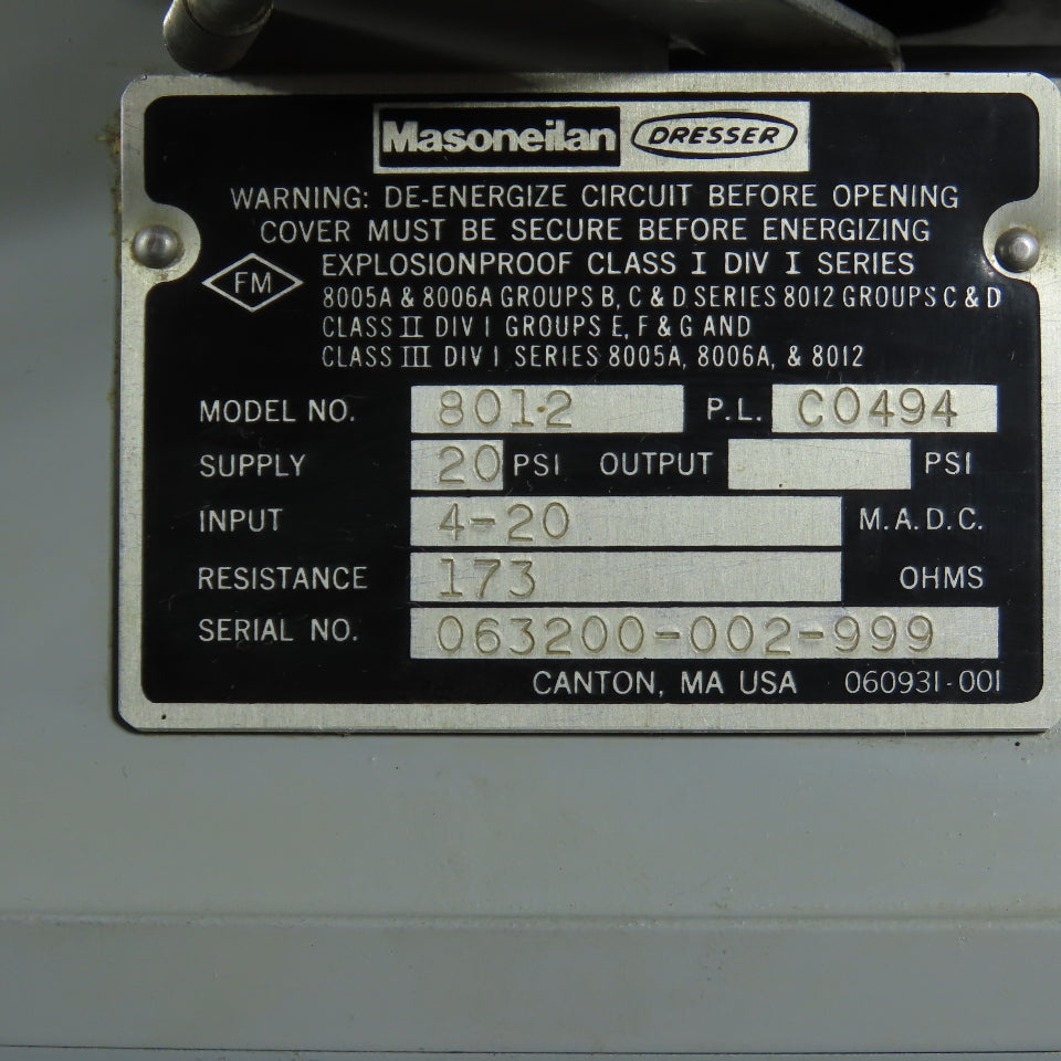 Masoneilan Dresser C0494 8012 Explosionproof Positioner 20 PSI 4-20 M.A.D.C.