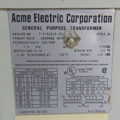 Acme T-2-53515-3S 7.5kVA GP Transformer 240x480V Pri 120/240V Sec 1Ph 60Hz