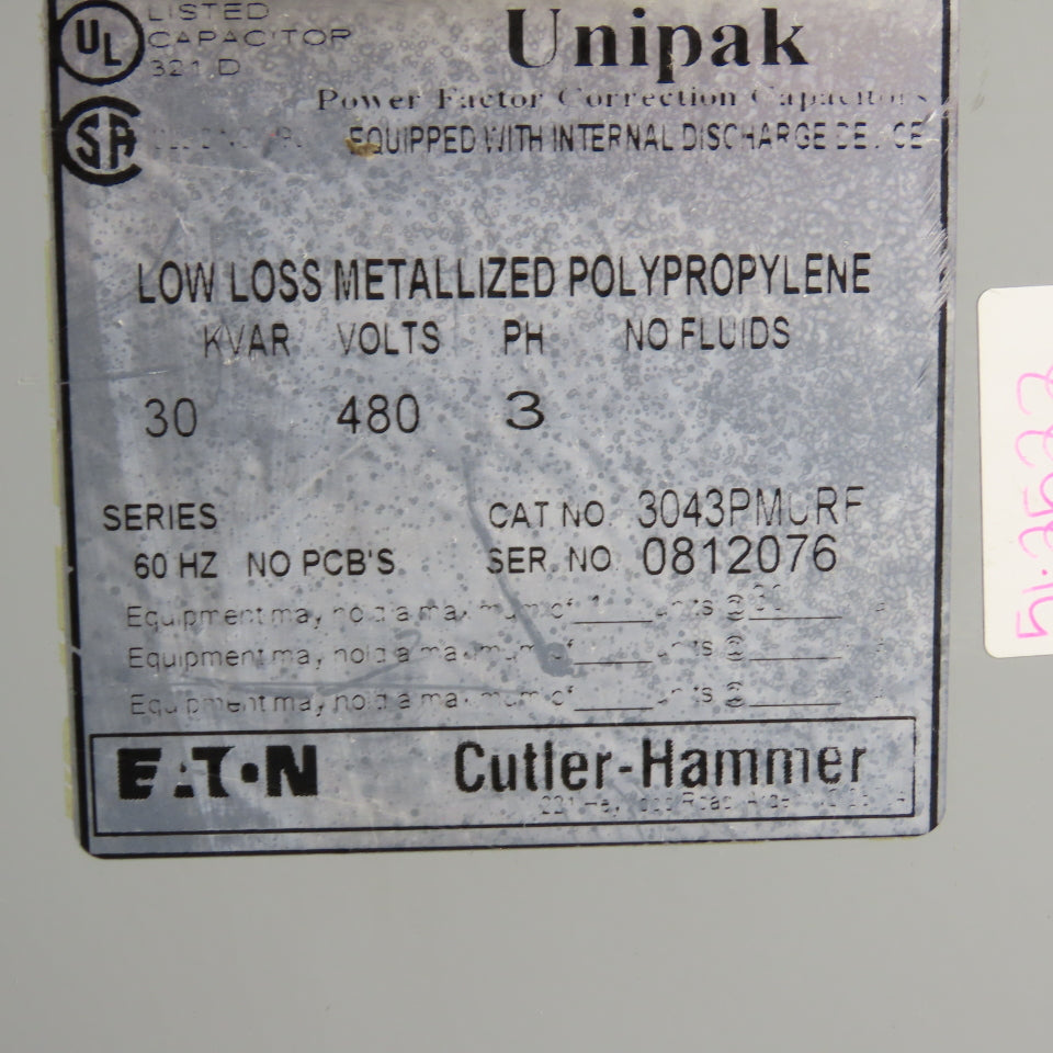 Eaton Cutler-Hammer 3043PMCRF Unipak Correction Capacitor 30 KVAR 480V 3Ph 60Hz