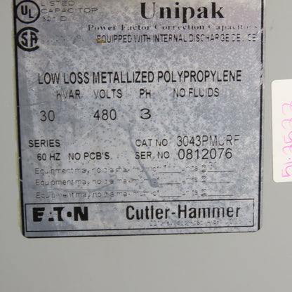 Eaton Cutler-Hammer 3043PMCRF Unipak Correction Capacitor 30 KVAR 480V 3Ph 60Hz