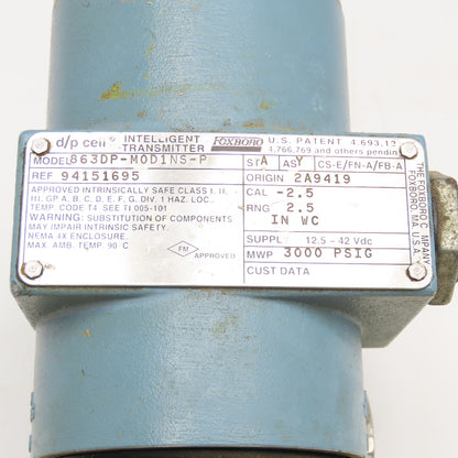 Foxboro 863DP-M0D1NS-P Intelligent Transmitter 12.5-42VDC 3000PSI 1/4"NPT
