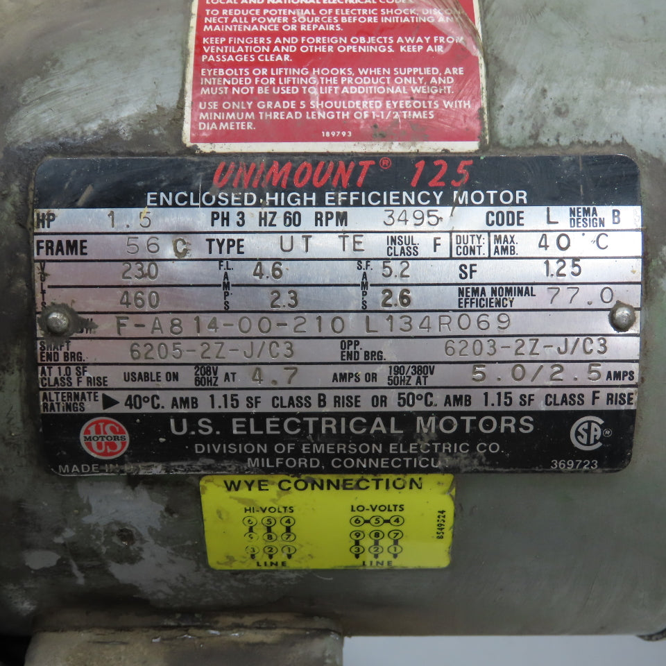 US Motors Aluminum Centrifugal Blower 1.5HP 230/460V 3Ph 60Hz 3495 RPM