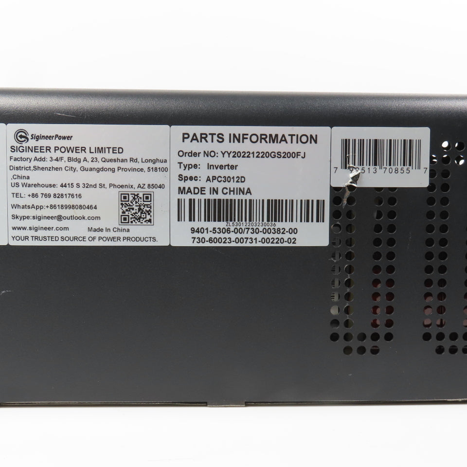 Sigineer APC3012D 3000W 12V To 120/240V 1PH Pure Sine Wave Inverter Charger 80A