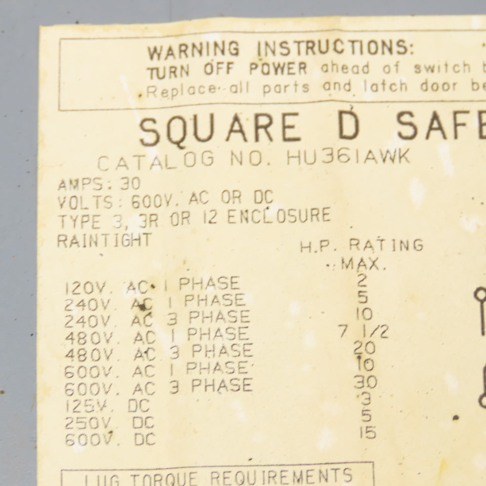 Square D HU36IAWK 30A 600V AC/DC Non Fused Safety Disconnect Switch