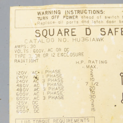 Square D HU36IAWK 30A 600V AC/DC Non Fused Safety Disconnect Switch