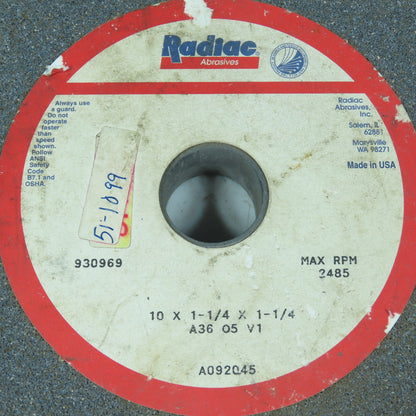 Radiac Abrasives A092045 A36 O5 V1 Grinding Wheel 10 x 1-1/4 x 1-1/4 RPM 2485