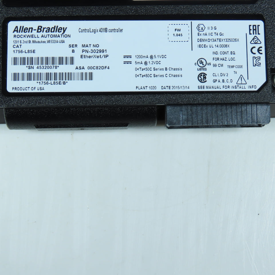 Allen-Bradley 1756-L85E SerB ControlLogix 40MB Controller EtherNet/IP F/W1.045
