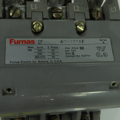Furnas 40HP32AF Ser A Size 3 90A 600VAC Contactor 110/120V Coil