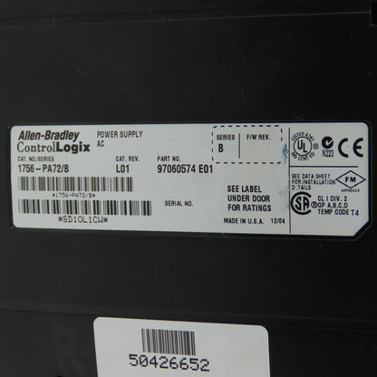 Allen-Bradley SerB ControlLogix 7 Slot Chassis W/ 1756-PA72 Power Supply