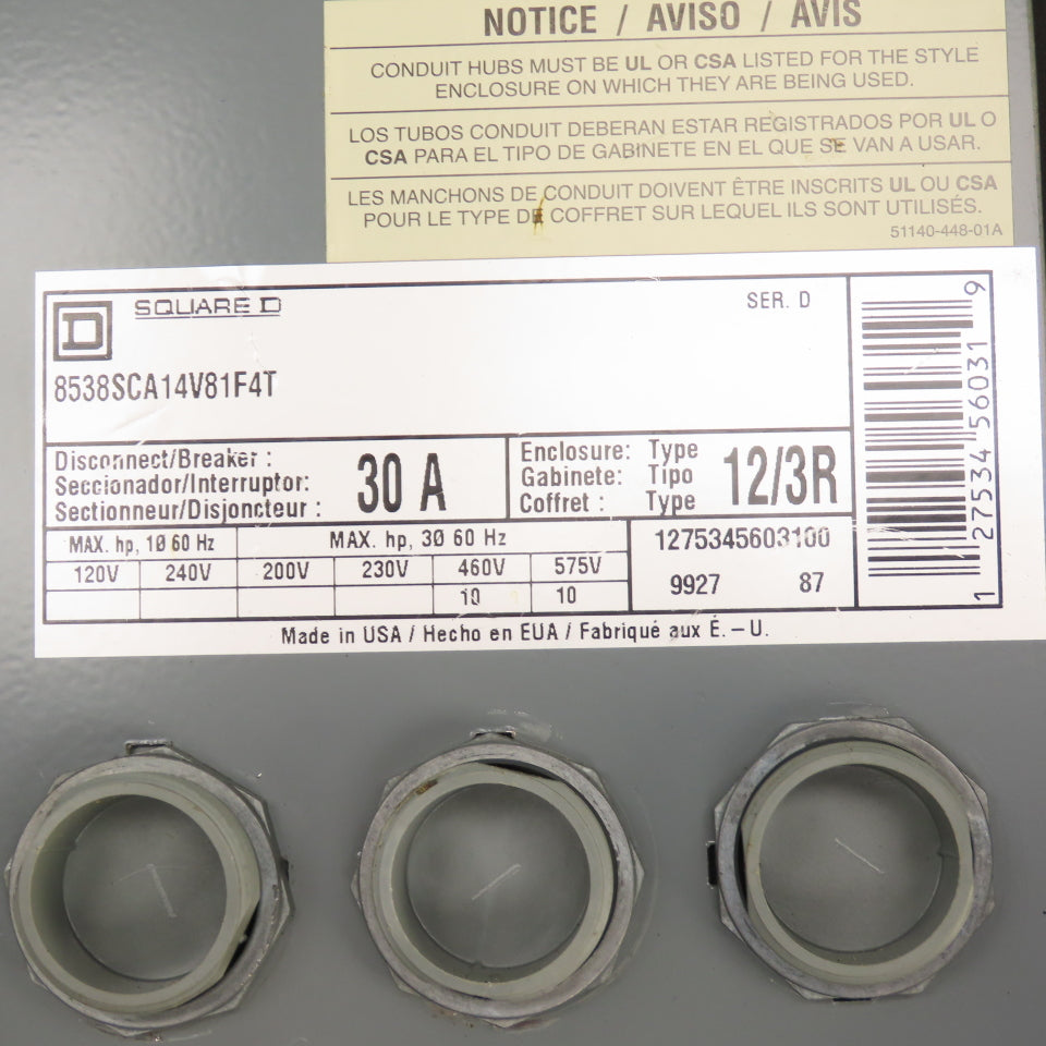 Square D 8538SCA14V81F4T 30A Disconnect Switch For Combo Starter
