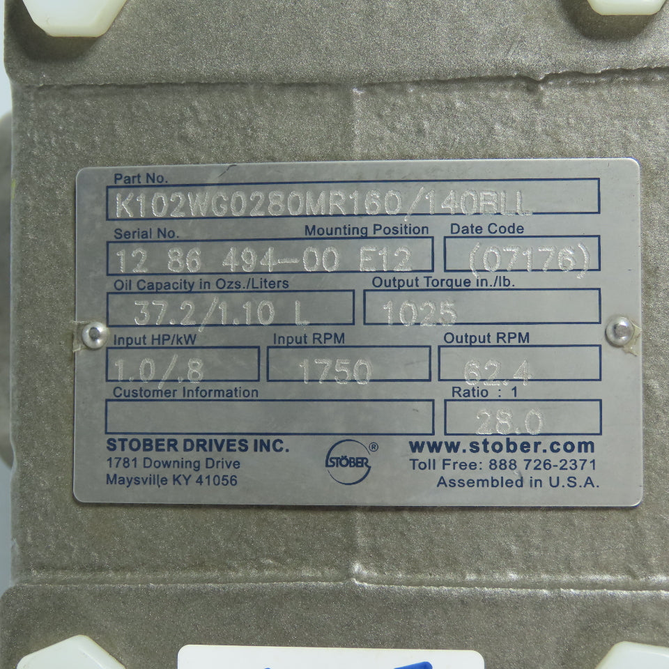 Stober K102WG0280MR160/140BLL Gearbox 10HP 1:28 Ratio