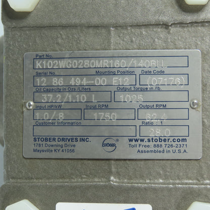 Stober K102WG0280MR160/140BLL Gearbox 10HP 1:28 Ratio