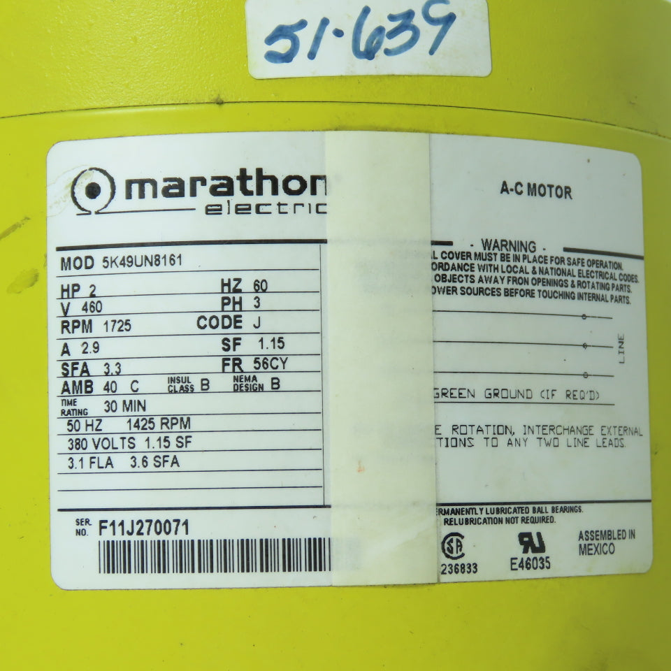 Marathon Electric 5K49UN8161 2HP 3Ph Electric Motor 1725RPM 460V 56CY Frame