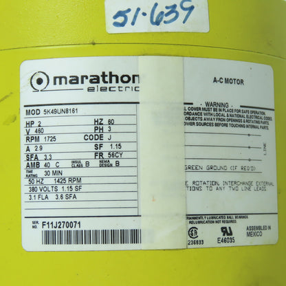 Marathon Electric 5K49UN8161 2HP 3Ph Electric Motor 1725RPM 460V 56CY Frame