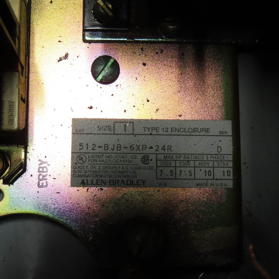 Allen 512-BJB-6XP-24R Ser D Size 1 Combination Starter Disconnect 10HP 600V