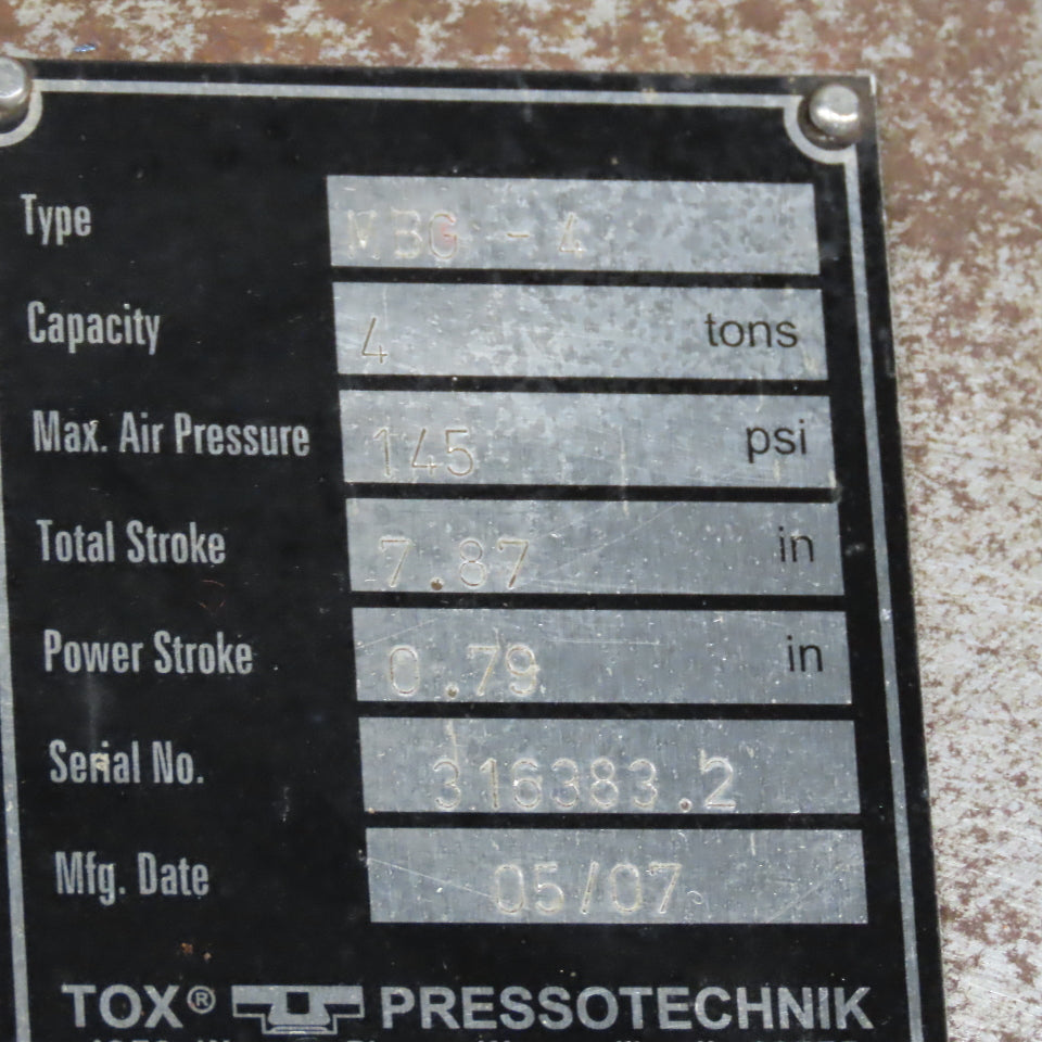 Tox MBG-4 Pressotechnik 4 Ton Pneumatic Press 7.87" Stroke .79" Power Stroke