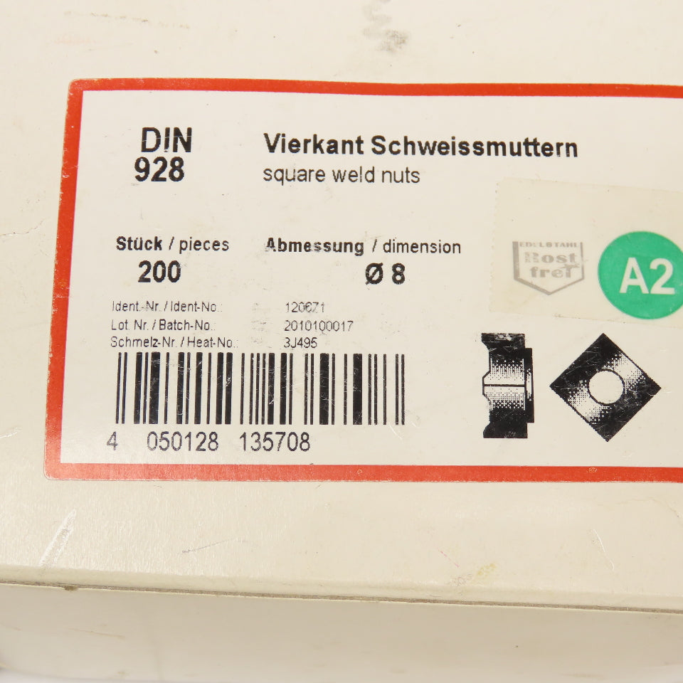 DIN 928 8mm x 1.25 Metric A2 Stainless Steel Square Weld Nuts Lot Of 200
