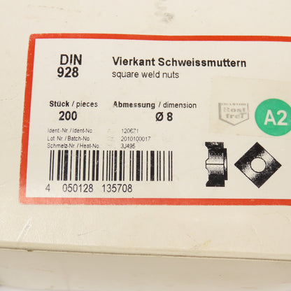 DIN 928 8mm x 1.25 Metric A2 Stainless Steel Square Weld Nuts Lot Of 200