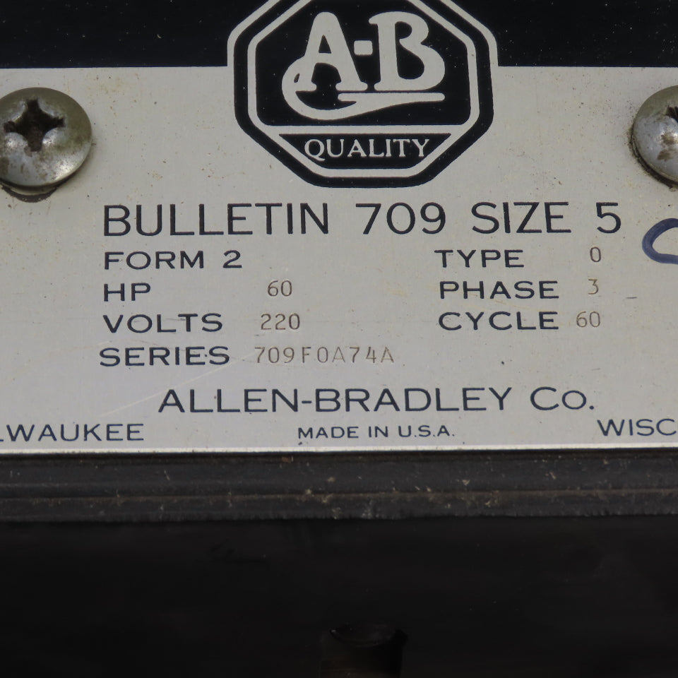 Allen-Bradley 709F0A74A Bulletin 709 Size 5 Motor Starter 60HP 220V 3Ph 480VCoil