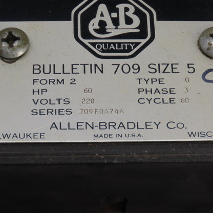Allen-Bradley 709F0A74A Bulletin 709 Size 5 Motor Starter 60HP 220V 3Ph 480VCoil