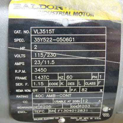 Baldor VL3515T 2HP AC Electric Motor 3450RPM 1Ph 115/230V 143TC Fr.