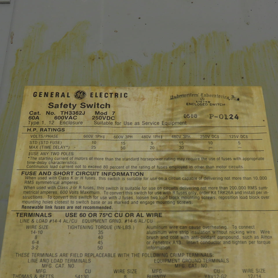 General Electric TH3362J 60A Safety Disconnect Switch 600VAC 250VDC