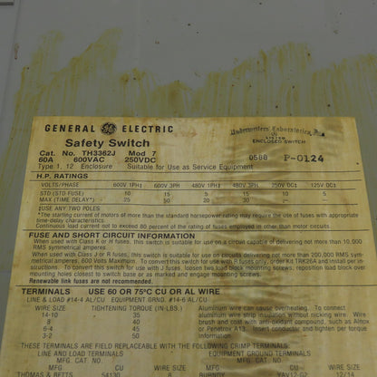 General Electric TH3362J 60A Safety Disconnect Switch 600VAC 250VDC