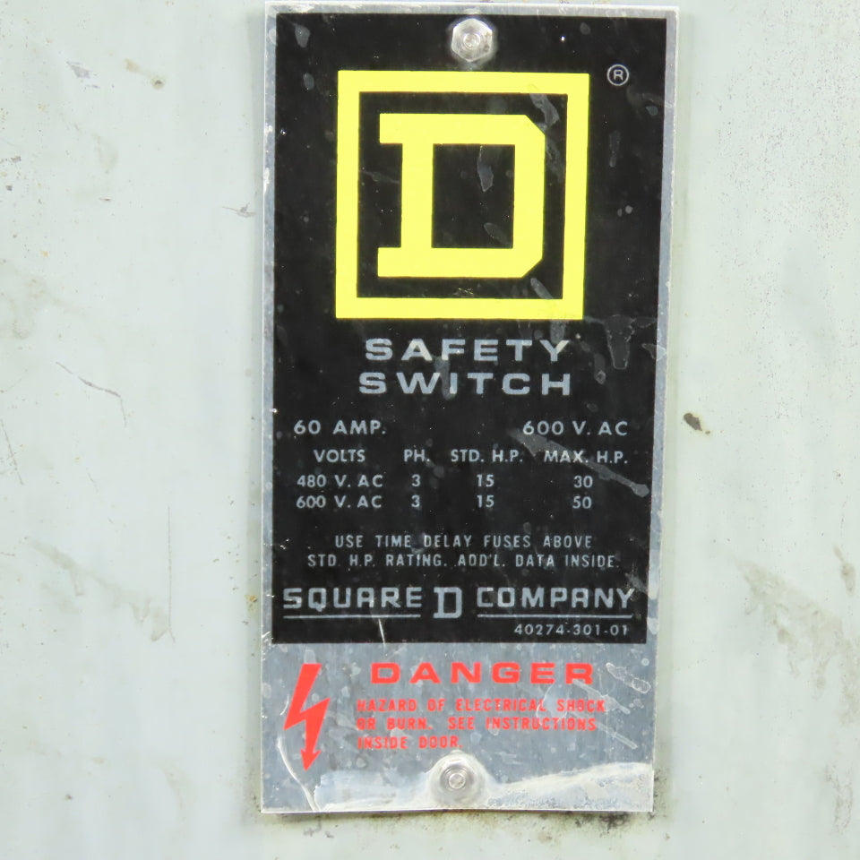 Square D H362-RB 60A 600V AC Fusible Safety Switch Type 3R Enclosure