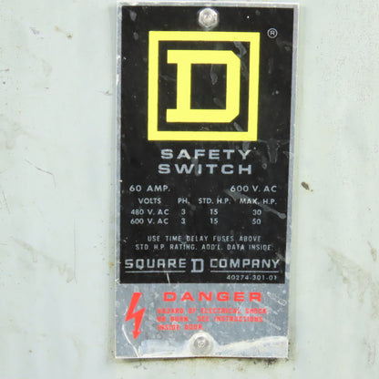 Square D H362-RB 60A 600V AC Fusible Safety Switch Type 3R Enclosure