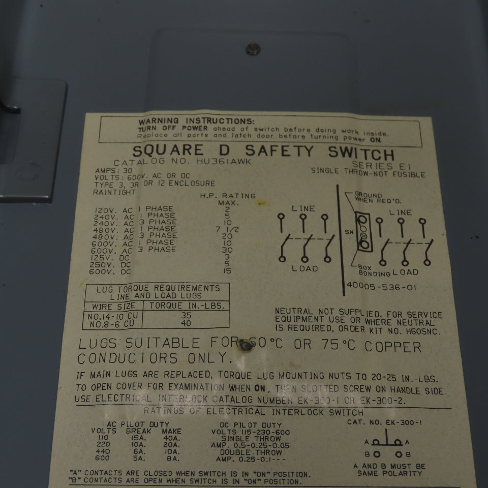 Square D HU36IAWK 30A Non Fusible Safety Disconnect Switch 3Ph 600VAC