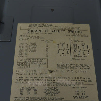 Square D HU36IAWK 30A Non Fusible Safety Disconnect Switch 3Ph 600VAC