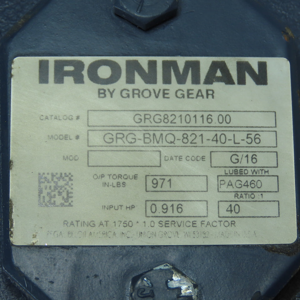 Grove Gear GRG-BMQ-821-40-L-56 Ironman Speed Reducer 40:1 Ratio 971 in-lbs