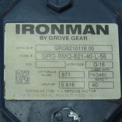 Grove Gear GRG-BMQ-821-40-L-56 Ironman Speed Reducer 40:1 Ratio 971 in-lbs