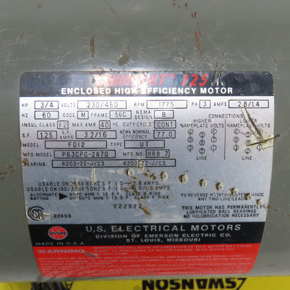 US Motors P63CPC-2870 3/4HP Unimount 125 Electric Motor 230/460V 3Ph 1775RPM