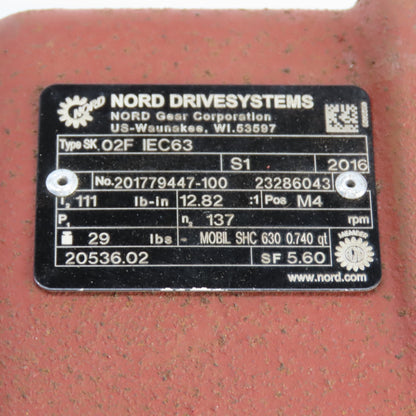 Nord SK O2F IEC63 201779447-100 Gear Reducer 12.82:1 Ratio 111 lb-in 137 RPM