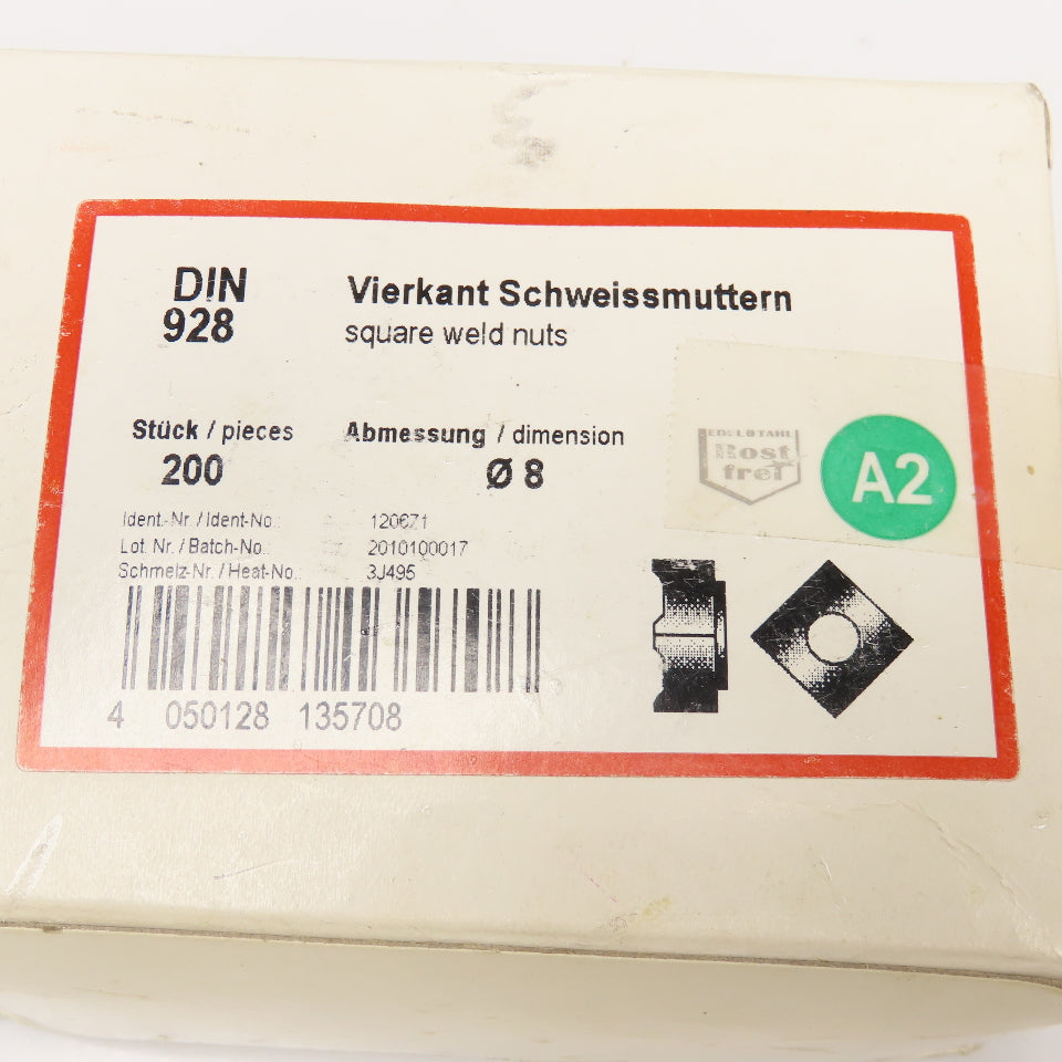 DIN 928 8mm x 1.25 Metric A2 Stainless Steel Square Weld Nuts Lot Of 10