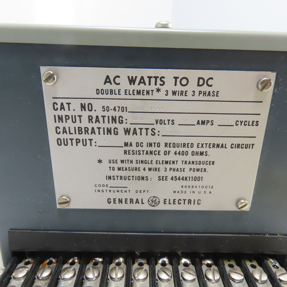 General Electric 50-4701-22AWAA1 AC Watts To DC Transducer 120V 5A 500W 4400OHMS